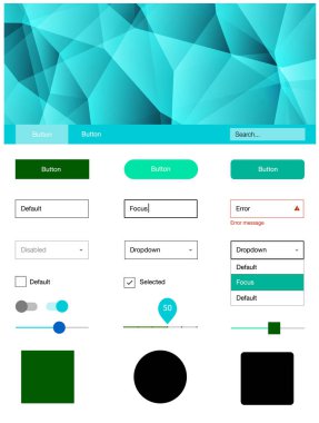 Açık mavi, yeşil vektör tasarım UI kiti ile mozaik. Web Kullanıcı arabirimi kiti ile onun üstbilgisindeki soyut degrade üçgenler. Sen-ebilmek kullanma için açılış sayfaları bu şablonu.