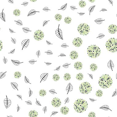 Işık yeşil vektör sorunsuz doodle yaprakları, çiçekleri ile arka plan. Yaprak ve çiçek ile modern soyut resim. Kartvizit, Web siteleri için şablon.