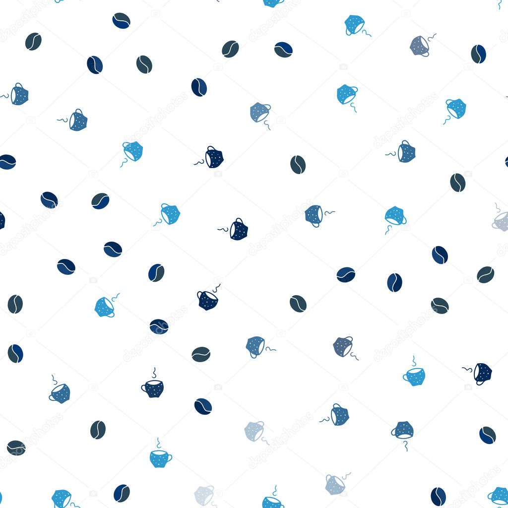 Dark BLUE vector seamless template with cups of coffee, beans. Gradient abstract collection of coffee cups and beans. Pattern for ad, booklets, leaflets of restaurants.