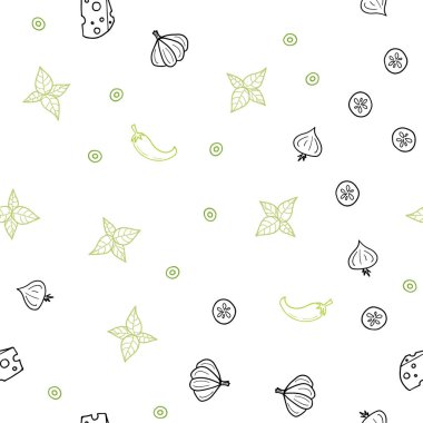 Işık yeşil vektör organik yemek ile sorunsuz şablonu. Dekoratif illüstrasyon gıda ile soyut şablonunda parlayan. Reklam, kitapçıklar, broşürler restoranlar için desen.