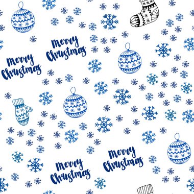 Xmas kar taneleri, toplar, çorap, eldiven ile mavi vektör sorunsuz arka ışık. Xmas tarzı renkli dekoratif tasarım. Tasarım için duvar kağıdı, kumaş üreticileri.