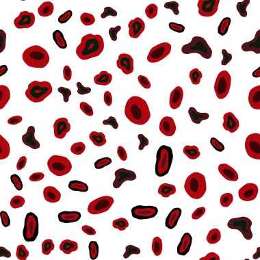 Koyu yeşil, kırmızı noktalı sorunsuz zemin vektör. Soyut illüstrasyon renkli baloncuklar doğa tarzı ile. Duvar kağıdı, kumaş üreticileri için modaya uygun bir tasarım.