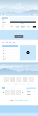 Hafif mavi vektör UI kiti manzara ile. Güzel UI ux kiti ile renkli başlığını dağlarda. Web siteleri, açılış sayfaları için güzel düzeni.