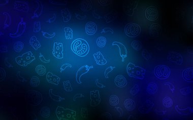 Koyu mavi vektör arka plan ile lezzetli yemekler. Resimde dizi doodle tarzı taze yiyecek. Desen reklamlar Kahvaltı, Öğle Yemeği, akşam yemeği için.