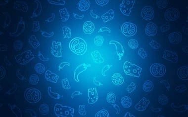 Gurme mutfağı ile koyu mavi vektör kapak. Resimde dizi doodle tarzı taze yiyecek. Desen menüsü kafeteryalar, barlar, restoranlar için.