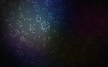 Koyu mavi vektör arka plan ile lezzetli yemekler. Resimde dizi doodle tarzı taze yiyecek. Kafe işletme reklamınız için tasarım doodle.