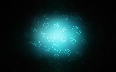 Koyu mavi vektör doku tatlılar, şekerler. Glitter soyut kroki ile tatlılar, şekerler, tatlılar. Kafe işletme reklamınız için tasarım doodle.