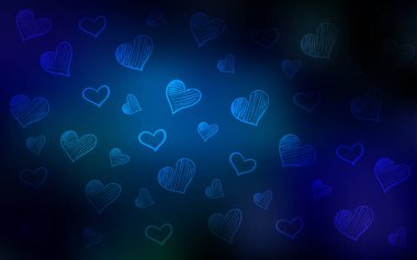 Koyu mavi vektör desen renkli kalpler ile. Glitter soyut resim romantik tarzda renkli kalpler ile. Reklam, poster, afiş, Sevgililer günü için tasarım.