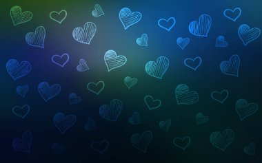 Koyu mavi vektör dokusu ve güzel kalpleri var. Kalpli, karalama tarzında bulanık dekoratif tasarım. Evlilik hediyeleri için örnek, tebrikler..