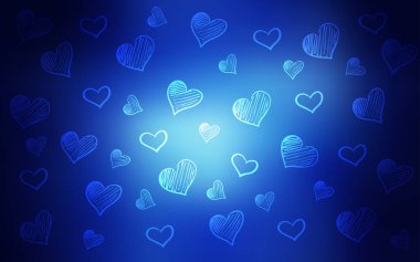 Koyu mavi vektör düzen tatlı yürekleri. Glitter soyut resim romantik tarzda renkli kalpler ile. Reklam, poster, afiş, Sevgililer günü için tasarım.