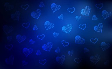 Koyu mavi vektör doku güzel yürekleri. Glitter soyut resim romantik tarzda renkli kalpler ile. Evlilik hediyeleri, tebrikler için desen.