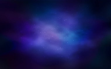 Galaksi yıldızlı koyu mavi vektör arkaplan. Bulanık arkaplandaki ve gradyanı olan uzay yıldızları. Fütürist reklamlar ve kitapçıklar için şablon.