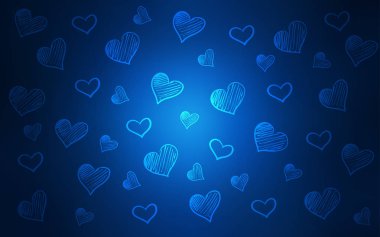 Kalpleri parlayan ile koyu mavi vektör kapak. Renkli gradyan ile bulanık arka plan kalpler. Desen-ebilmek var olmak kullanılmış için valentine's reklam, kitapçıklar.