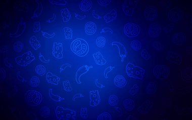 Organik yemek koyu mavi vektör şablonu. Gıda doodle tarzı ile güzel renkli resimde. Mutfakta yemek yemek için şablon.