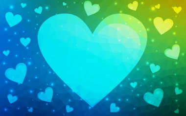 Açık mavi, yeşil vektör aşk arka plan kalp ile. Kağıt Not. Sevgililer günü tebrik poligonal kartı. Üçgen illüstrasyon iş için. Tasarımınız için hisse senedi şablonu.