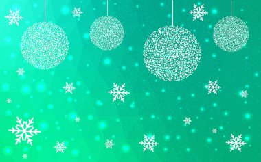 Kar taneleri ile ışık yeşil vektör düşük Poli kristal arka plan. Çokgen Noel tasarım deseni. Yeni yıl kutlama düşük Poli çizimi.