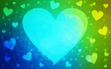 Açık mavi, beyaz poligonal arka planda vektör soyut üçgen geometrik kalp yeşil. Mutlu Sevgililer günü tebrik kartı hisse senedi şablonu tasarımınız için.