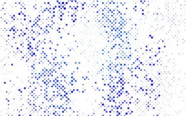 Renkli küreli koyu mavi vektör deseni. Beyaz arkaplanda yarım ton biçiminde tekrarlanan dairelerin geometrik örneği.