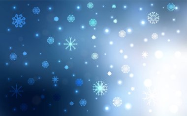 Parlak kar taneleriyle açık mavi vektör düzeni. Bulanık arkaplanda kar ve eğim. İş ilanınız için yeni yıl tasarımı.