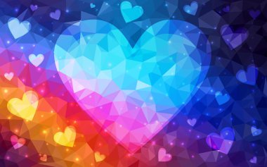 Açık mavi, beyaz arka plan üzerinde izole kırmızı vektör kalp. Geometrik buruşuk üçgen düşük Poli origami stil gradyan grafik illüstrasyon. İşiniz için köşeli tasarım.