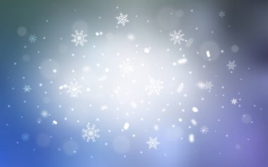 Parlak kar taneleri ile ışık mavi vektör düzeni. Dekoratif illüstrasyon kar soyut şablonundaki ile parlayan. Yeni yıl tasarım reklam, poster, afiş için.