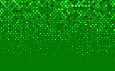 Renkli kürelerle açık yeşil vektör deseni. Beyaz arkaplanda yarım ton biçiminde tekrarlanan dairelerin geometrik örneği.