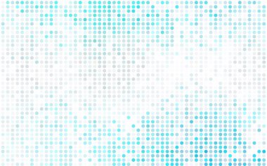 Renkli kürelerle açık mavi vektör deseni. Beyaz arkaplanda yarım ton biçiminde tekrarlanan dairelerin geometrik örneği.