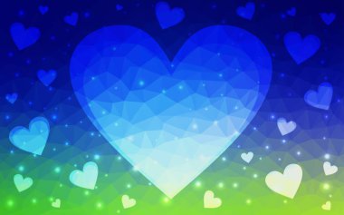 Açık mavi, yeşil vektör tebrik kartı. Sevgililer Günün kutlu olsun. Beyaz çokgen arka planda kalpleri olan harfler. İşiniz için renkli üçgen çizim.