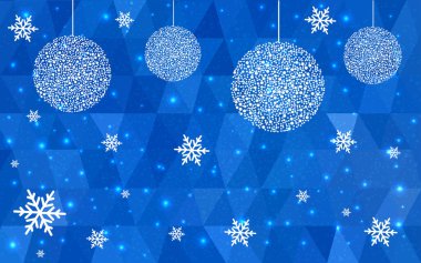 Kar taneleri ile ışık mavi vektör düşük Poli kristal arka plan. Çokgen Noel tasarım deseni. Yeni yıl kutlama düşük Poli çizimi.