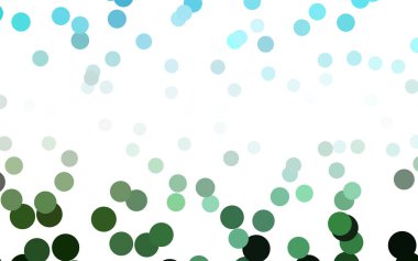 Açık mavi, renkli küreler desenle vektör yeşil. Noktalı resim tarzında beyaz arka plan üzerinde daireler yinelenen geometrik örnek.