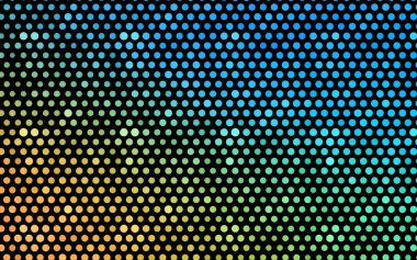 Açık mavi, çemberlerden oluşan sarı vektör çizimi. İşiniz için noktalı gradyan tasarımı. Renkli benekli yarım ton biçiminde yaratıcı geometrik arkaplan.