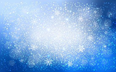 Parlak kar taneleri ile ışık mavi vektör düzeni. Bulanık dekoratif tasarım kar ile xmas tarzında. Yeni yıl tasarım, iş reklam için.