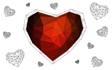 Koyu kırmızı beyaz poligonal arka planda soyut üçgen geometrik kalp vektör. Mutlu Sevgililer günü tebrik kartı hisse senedi şablonu tasarımınız için.