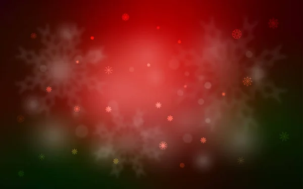 Ciemny Zielony Czerwony Wektor Wzór Christmas Płatki Śniegu Niewyraźne Ozdobny — Wektor stockowy