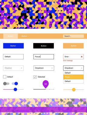 Açık mavi, sarı vektör tasarım UI kiti noktalı. Arka plan üzerinde renkli stil rehberi daireler ile. Web siteleri için basit renkli tasarım.