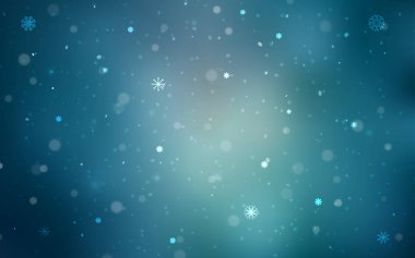 Parlak kar taneleri ile ışık mavi vektör düzeni. Parlayan illüstrasyon kar Noel tarzı ile renkli. Şablonun yeni yıl arka plan olarak kullanılabilir.