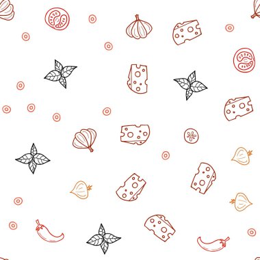 Işık kırmızı vektör lezzetli atıştırmalıklar ile sorunsuz doku. Resimde dizi doodle tarzı taze yiyecek. Reklam, kitapçıklar, broşürler restoranlar için desen.