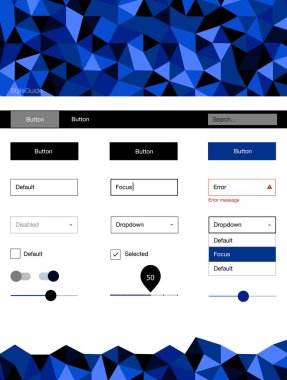Koyu mavi vektör UI ux kiti üçgen tarzı. UI Ux kiti başlığını poligonal renkli arka plan ile. Bu örnek için sitesidir.