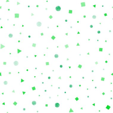 Işık yeşil vektör kristalleri, daireler, kareler ile sorunsuz şablonu. Renkli daireler, üçgenler, kareler kümesiyle Illustration. Desen tasarım pencere panjur, perdeler.