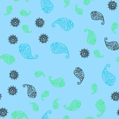 Açık mavi, vektör yaprak ve çiçek ile seamless doğal modeli yeşil. Yaprak ve çiçek Origami tarzı Doodle Illustration. Dokulu deseni bir Web sitesi için banner.