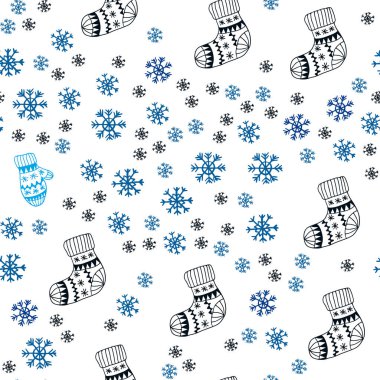 Koyu mavi vektör Noel kar taneleri, toplar, çorap, eldiven ile seamless modeli. Renkli resimde Noel tarzda parlayan. Kartvizit, Web siteleri için şablon.