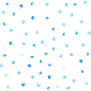 Hafif mavi vektör sorunsuz doku kahve çekirdekleri ile kupalar. Degrade kahve çekirdekleri ile renkli resimde yokmu. Kafe ve restoran menü için desen.