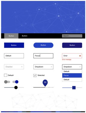 Koyu mavi vektör UI ux kiti daireler ile üçgen tarzı. Renkli UI/ux kiti ile üçgenler, üstbilgi çevrelerde. Web siteleri, açılış sayfaları için güzel düzeni.