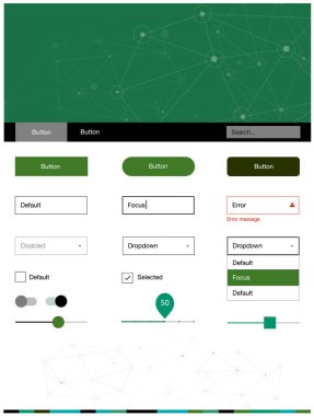 Açık mavi, yeşil vektör UI ux kiti daireler ile üçgen tarzı. UI Ux kiti başlığını poligonal renkli arka plan ile. Web siteleri için basit renkli tasarım.