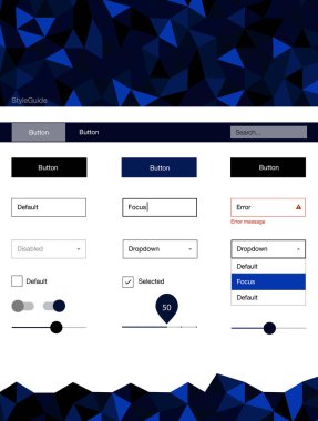Koyu mavi vektör UI ux kiti üçgen tarzı. UI Ux kiti başlığını poligonal renkli arka plan ile. Web siteleri için basit renkli tasarım.