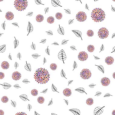 Koyu mavi, kırmızı yaprakları, çiçekleri ile sorunsuz doodle şablon vektör. Yaprakları, çiçekleri ile renkli resimde parlayan. Tekstil, kumaş, duvar kağıtları için tasarım.