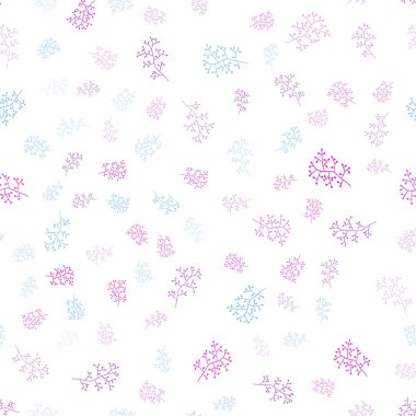 Pembe ışık, yapraklar, dallar vektör sorunsuz doodle şablonuyla mavi. Renkli resimde doodle tarzı yapraklar, dallar ile. Desen tasarım kumaş, duvar kağıtları.