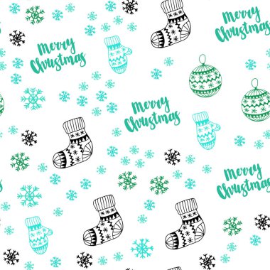 Güzel kar taneleri, toplar, çorap, eldiven ile yeşil vektör sorunsuz kapak açık. Renkli resimde xmas sembolleri ile. Tekstil, kumaş, duvar kağıtları için tasarım.