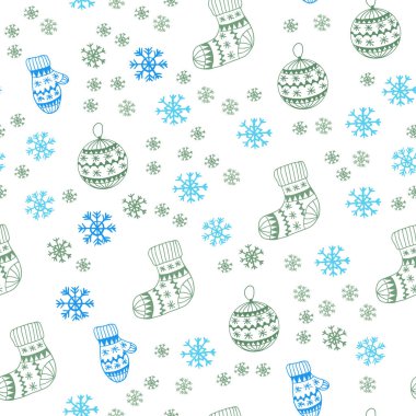 Açık mavi, parlak kar taneleri, toplar, çorap, eldiven ile sorunsuz düzen vektör yeşil. Renkli resimde Noel tarzda parlayan. Tasarım için duvar kağıdı, kumaş üreticileri.