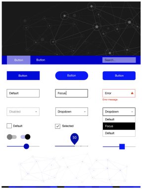 Hafif mavi vektör malzeme tasarım kiti çizgiler ile daireler. Renkli UI/ux kiti ile üçgenler, üstbilgi çevrelerde. Bu örnek açılış sayfanız için mu.